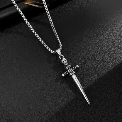 Men’s Skull Cross Sword Pendant Necklace – Retro Punk Stainless Steel Jewelry