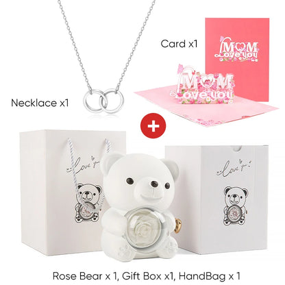 Mother's Day Gift Set Personalized Custom Necklace & Eternal Rose Teddy Bear and Beautiful Card Unique Jewelry Gift for Mom