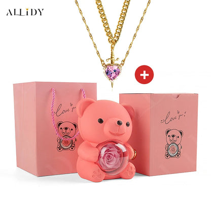 Hot Red Zircon Love Dagger Sword Pendant Collarbone Chain Double Valentine's Day Couple Necklace Real Preserved Rose Teddy Bear