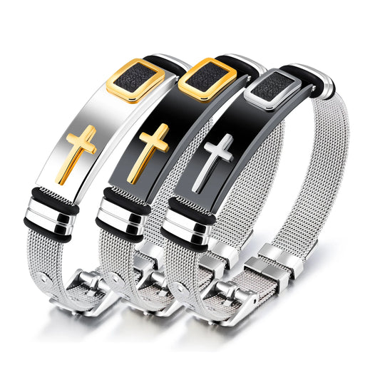 Men’s Vintage Punk Cross Bracelet – Titanium Steel Mesh Band Wristband, Gothic Fashion Jewelry