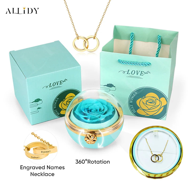 New Rotating Rose Round Jewelry Gift Box with Customized Name Stainless Steel Necklace Valentine's Day Marriage Proposal Gifts