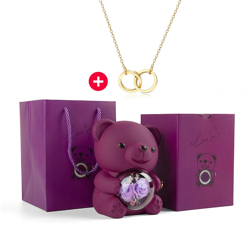 New Double Rose Eternal Rose Teddy Bear Jewelry Box with Custom Engraved Pendant Necklace – Perfect Valentine's Day Gift for Wom