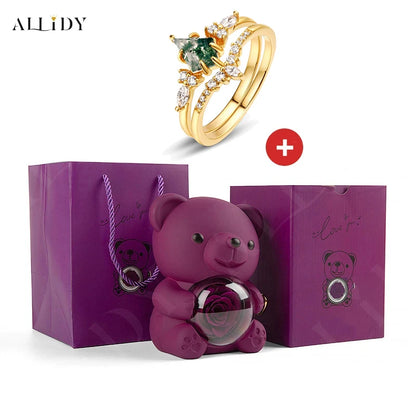 Natural Green Moss Stone Water Grass Agate High Quality Women's Two-piece Wedding Ring Set withReal Rose Bear Jewelry Gifts Set