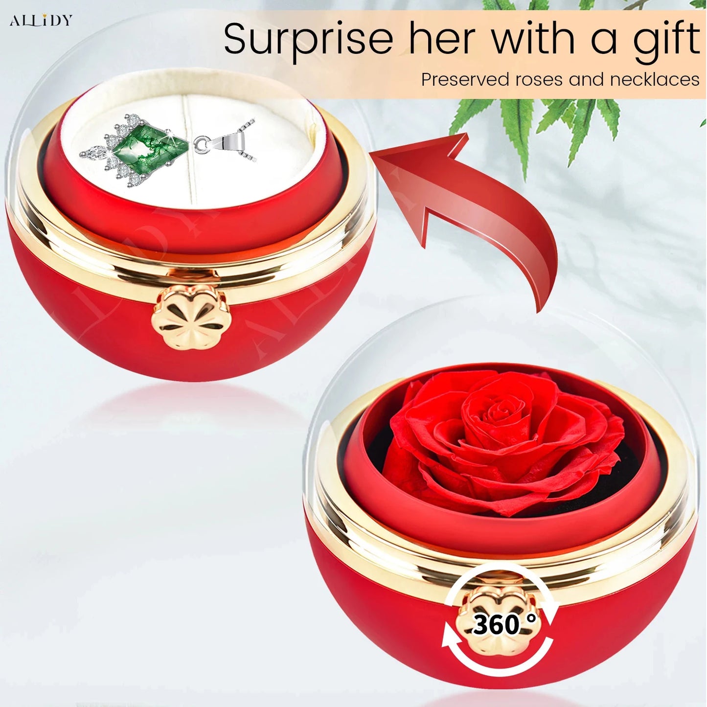 Creative Natural Green Moss Stone Pendant Stainless Steel Necklace With Real Preserved Rose Jewelry Box Christmas Gifts Set