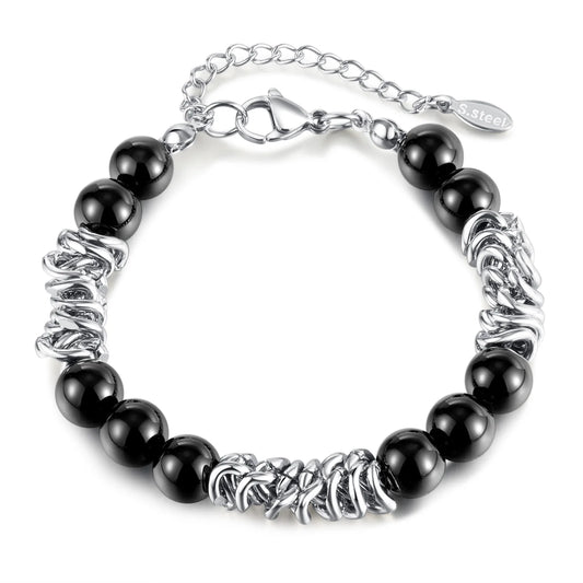 Unisex Black Glass Bead Bracelet – Minimalist Titanium Steel Wristband, High-End Stainless Steel Jewelry for Men & Women