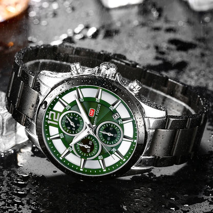 MINIFOCUS Men’s Luxury Automatic Mechanical Watch Six‑Hand Chronograph Date Luminous Waterproof Stainless Steel Band Business