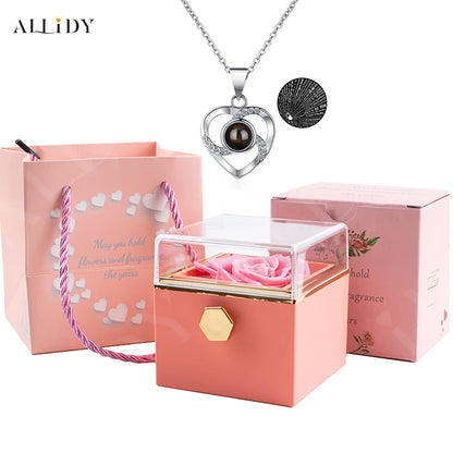 Rotation Real Rose Valentine's Day Marriage Acrylic Jewelry Gift Boxes 100 Languages Projection Necklace for Women Girl Lover