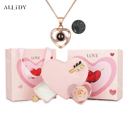 Allidy - Valentine's Day Creative Heart-piercing Rose Jewelry Box and 100 Languages I Love You Projection Necklace Gift Set