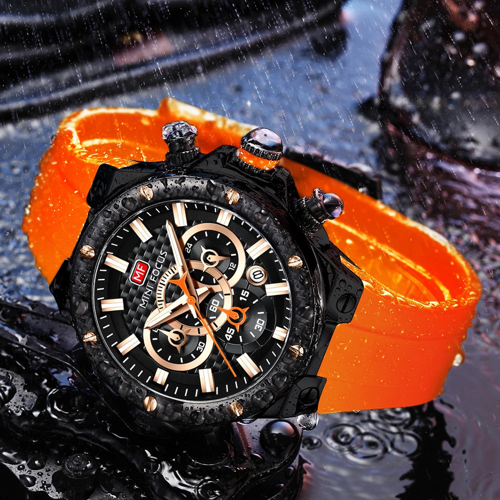 MINIFOCUS Men’s Sports Quartz Watch – Waterproof Chronograph Carbon Fiber Bezel Luminous Hands Multifunction Outdoor Timepiece