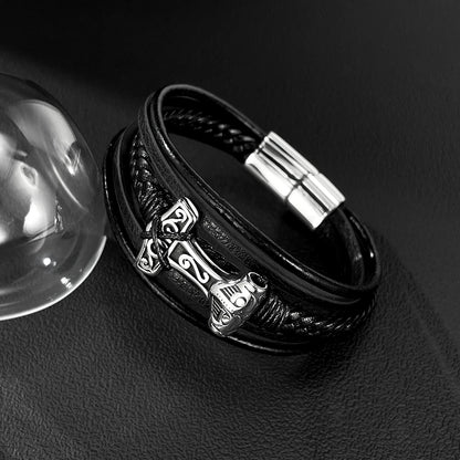 Men’s Vintage Geometric Leather Bracelet – Multi-Layer Braided Wristband with Stainless Steel Accents, Retro European Style