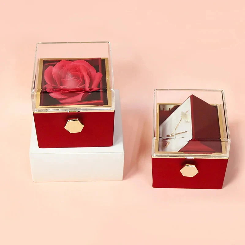 Rotation Soap Rose Jewelry Gift Boxes Valentine's Day Marriage Acrylic Ring/Necklace Storage Jewelry Display Box