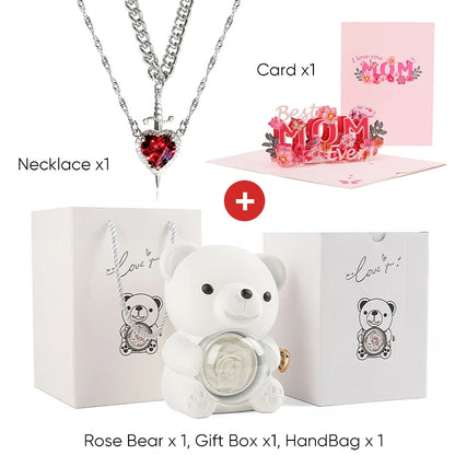 Mother's Day 3D Card Red Zircon Heart and Sword Necklace Double Necklace Real Rose Hug Bear Mothers Day Jewelry Gift Set for Mom