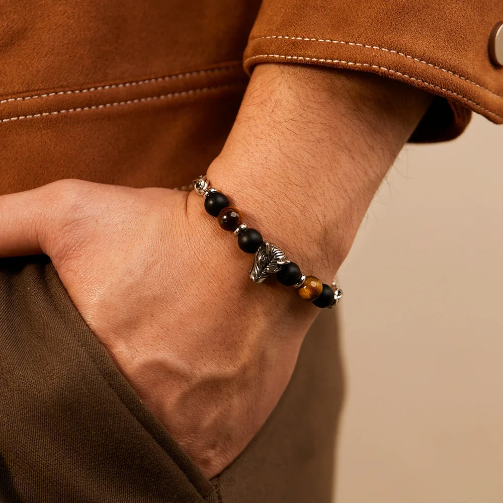 Men’s Stainless Steel Bracelet – Cross Chain with Skull / Wolf / Leopard Head & Tiger Eye Beads, Vintage Style