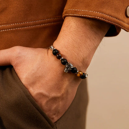 Men’s Stainless Steel Bracelet – Cross Chain with Skull / Wolf / Leopard Head & Tiger Eye Beads, Vintage Style