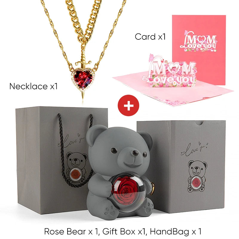 Mother's Day 3D Card Red Zircon Heart and Sword Necklace Double Necklace Real Rose Hug Bear Mothers Day Jewelry Gift Set for Mom