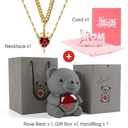 Mother's Day 3D Card Red Zircon Heart and Sword Necklace Double Necklace Real Rose Hug Bear Mothers Day Jewelry Gift Set for Mom