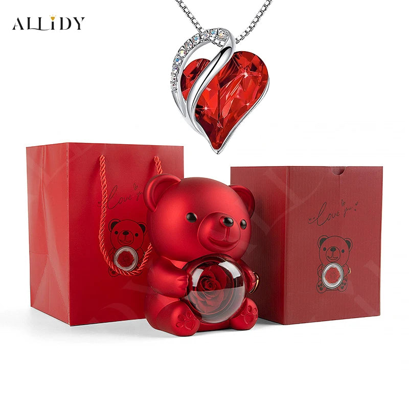 New Rotating Bear Rose Jewelry Box With Crystal Stone Necklace For Girlfriend Wife Mother's Day Valentine's Day Christmas Gifts