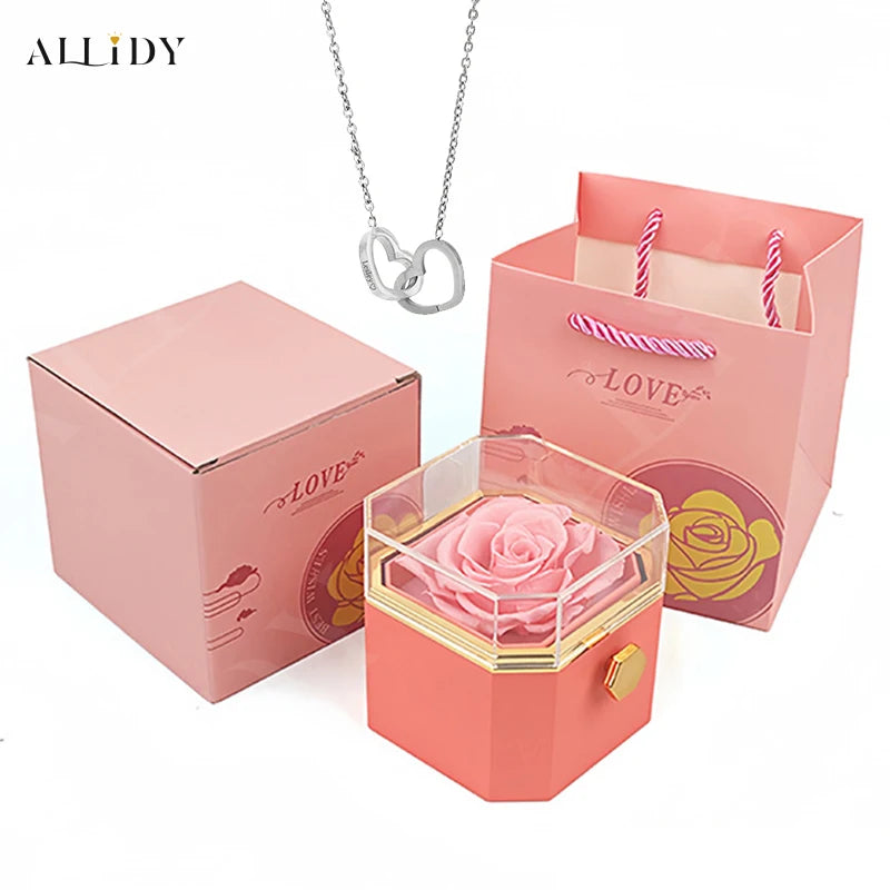 New Octagon Rotating Preserved Rose Proposal Surprise Jewelry Gift Box with Custom Name Necklace Set Holiday for Girlfriend