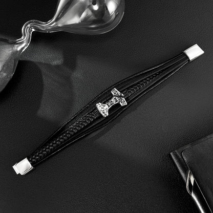 Men’s Vintage Geometric Leather Bracelet – Multi-Layer Braided Wristband with Stainless Steel Accents, Retro European Style