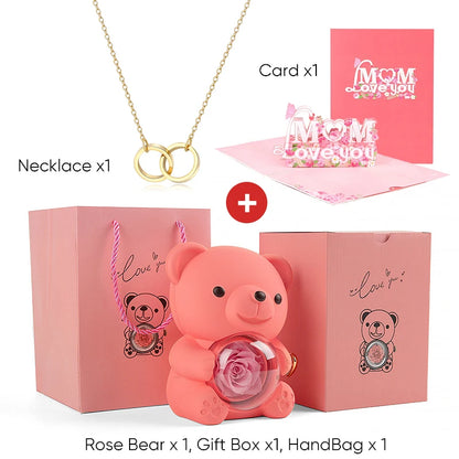 Mother's Day Gift Set Personalized Custom Necklace & Eternal Rose Teddy Bear and Beautiful Card Unique Jewelry Gift for Mom