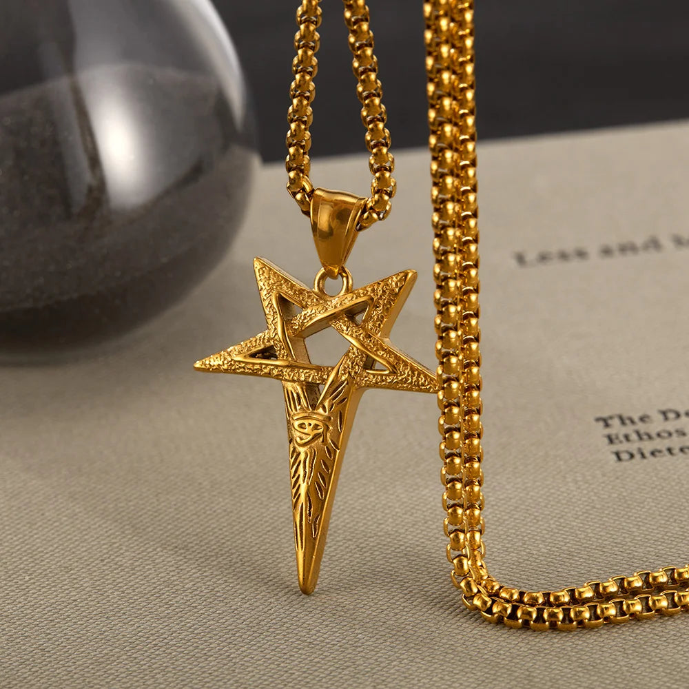 Men’s Viking Pendant Necklace – Horus Eye & Pentagram Symbol Retro Punk Stainless Steel Jewelry