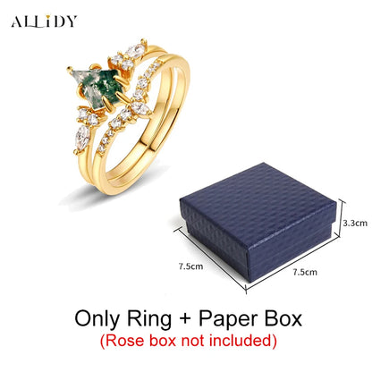 Creative Irregular Natural Green Moss Stone Aquatic Agate Retro Women's Two-Piece Ring With Real Eternal Rose Jewelry Box Set