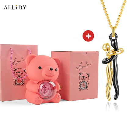 Hip Hop Embrace Couple Pendant Necklace Adjustable Hugging Pendant Necklace and Eternal Rose Bear Jewelry Box Valentine Day Gift