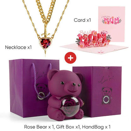 Mother's Day 3D Card Red Zircon Heart and Sword Necklace Double Necklace Real Rose Hug Bear Mothers Day Jewelry Gift Set for Mom