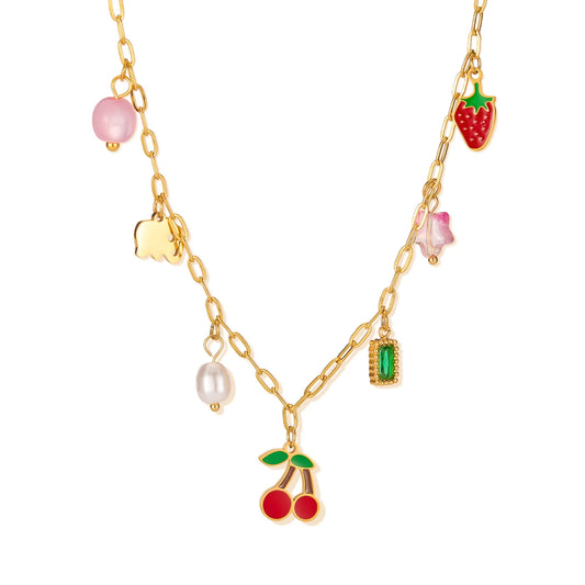 Trendy Cherry Pendant Necklace for Women – Stainless Steel Multi-Charm Aesthetic Clavicle Chain