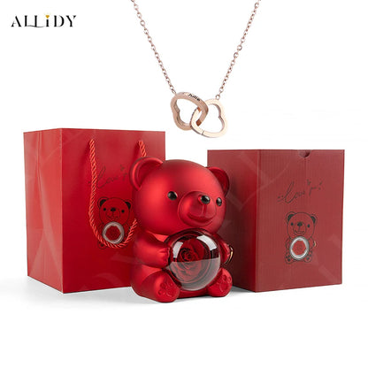 Real Preserved Eternal Rose Teddy/Hugging Bear with Engraved Name Necklace Jewelry Gift Box Christmas Valentine's Day Birthday