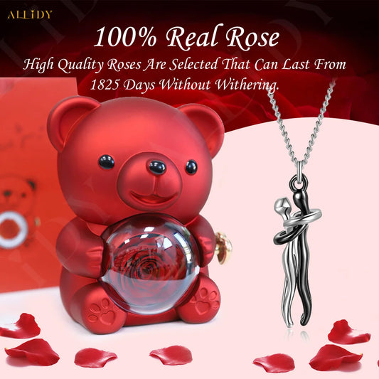 Hip Hop Embrace Couple Pendant Necklace Adjustable Hugging Pendant Necklace and Eternal Rose Bear Jewelry Box Valentine Day Gift