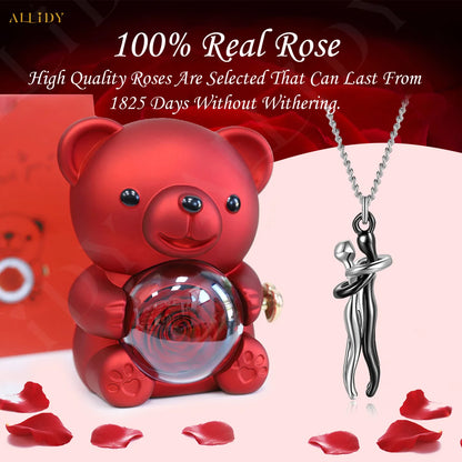 Couple Hug Pendant Stainless Steel Necklace Rose Bear/Flower Box For Women Girls Wedding Chain Necklaces Party Mother's Day Gift