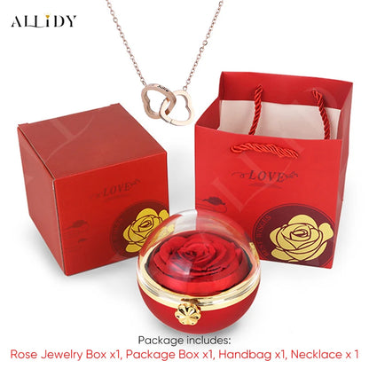 New Surprise Gift Idea Preserved Rose Round Ring or Necklace Jewelry Gift Box with Engraved Name Necklace for Girl Friend Mum