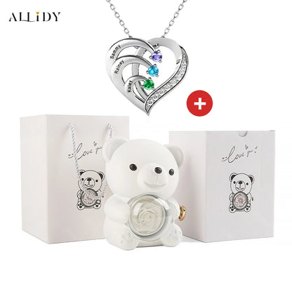 Fashion Personality Custom Engraved Name Heart Necklace and Eternal Rose Teddy Bear Jewelry Gift Box Christmas Valentine Women