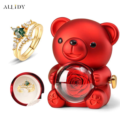 Natural Green Moss Stone Water Grass Agate High Quality Women's Two-piece Wedding Ring Set withReal Rose Bear Jewelry Gifts Set