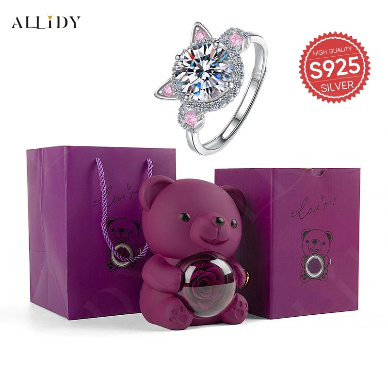 S925 Silver Fashion Cute Pink Cat Zircon Ring with Rose Bear Gift Box Jewelry Set Marriage Proposal Gift for Girlfriend