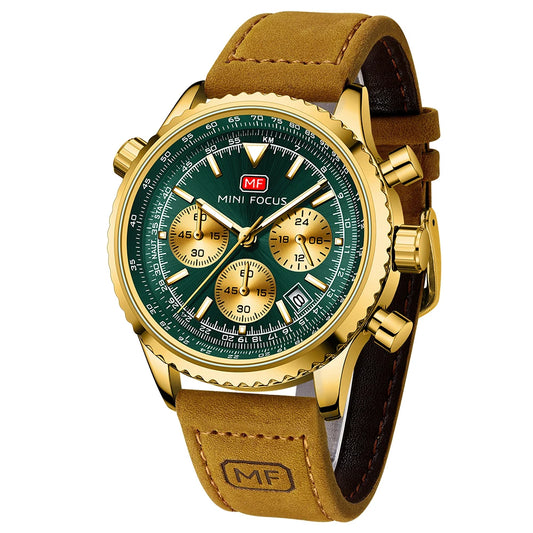 MINIFOCUS Mens Multifunction Quartz Watch Aviation Chronograph Genuine Leather Strap Water Resistant Luminous Fashion Casual