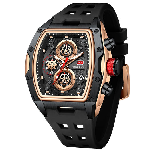 MINIFOCUS Luxury Mens Racing Sports Watch Barrel Skeleton Dial Waterproof Luminous Wristwatch Outdoor Business Watch for Man