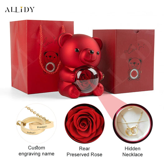 Red Eternal Rose Teddy Bear with Stainless Steel Custom Names Necklace Jewelry Gifts Set for Woman Christmas Gift