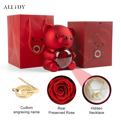 Surprise Gifts Set for Friends Preserved Rose Teddy Bear Gift Box 2 Rings Pendant Engraved Names Necklace Jewelry Present