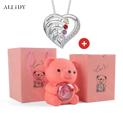 Fashion Personality Custom Engraved Name Heart Necklace and Eternal Rose Teddy Bear Jewelry Gift Box Christmas Valentine Women