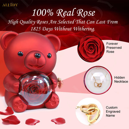 Teddy Bear Gift Box-Rotating Eternal Rose Box with Necklace for Wedding Custom Name Necklace Jewelry For Women Gift Girlfriend