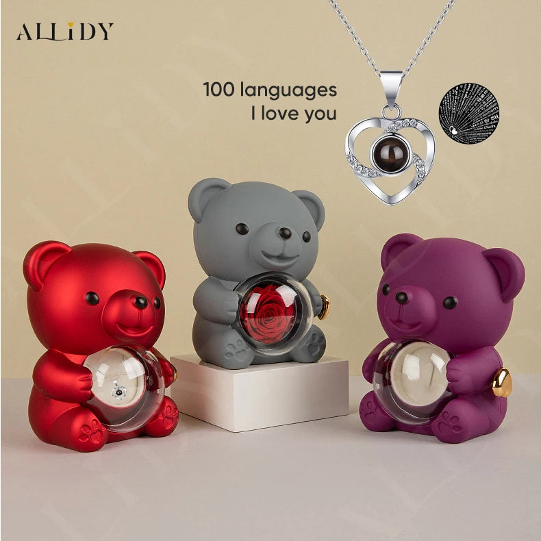 Eternal Rose Teddy Bear Gifts Box with Necklace Rotate Rose Jewelry Box Valentine Wedding Storage Gift Case for Women Girlfriend