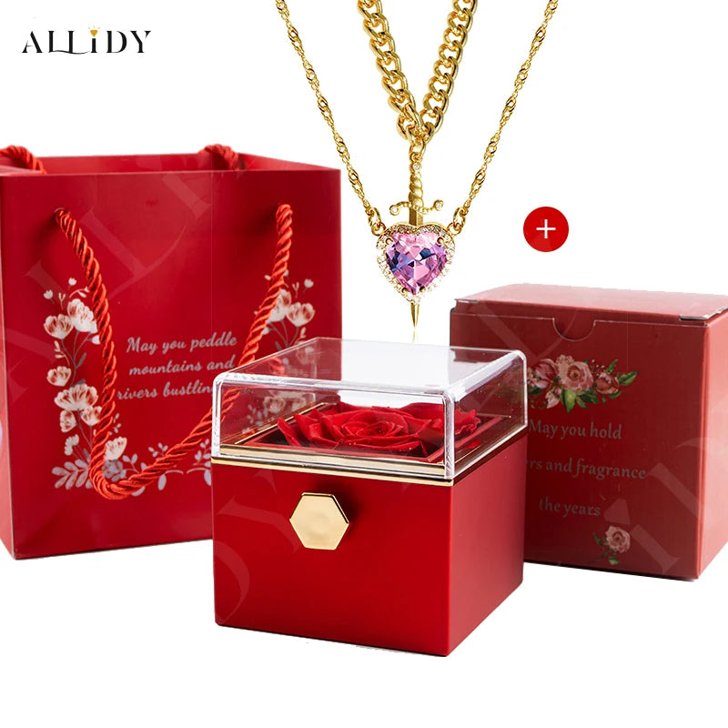 Hot Red Crystal Love Dagger Fashion Pendant Layered French Vintage Necklace with Eternal Rose Jewelry Box Valentine's Day Gift