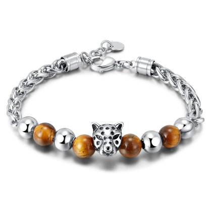 Men’s Stainless Steel Bracelet – Cross Chain with Skull / Wolf / Leopard Head & Tiger Eye Beads, Vintage Style