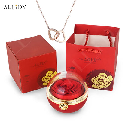 Eternal Rose Round Jewelry Box Personalized Custom Engraved Name Necklace Heart Pendant Women Valentine's Day Christmas Gift