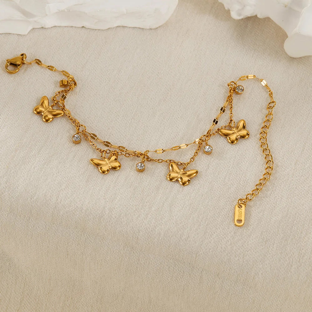 Elegant Double-Layer Butterfly Bracelet for Women – Stainless Steel Zircon Inlaid Fashion Jewelry