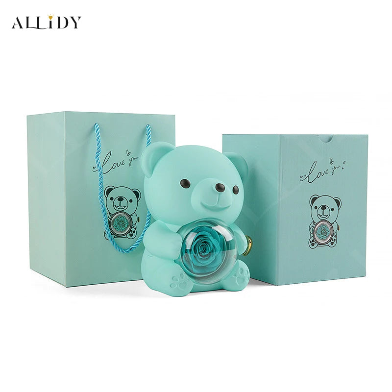 2024New Surprise Gift Ideas Real Preserved Eternal Rose Teddy Bear Necklace Ring Jewelry Box Christmas Valentine's Day Presents