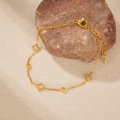 Geometric Square Zircon Bracelet for Women – Stainless Steel Commuter Style Chain with Small Beads