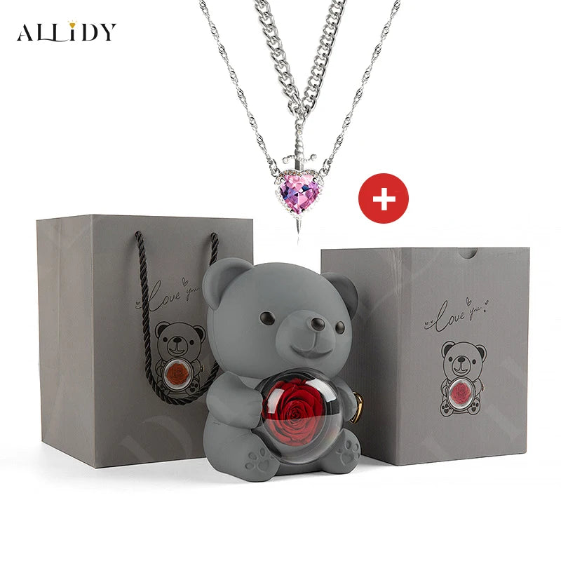 Hot Red Zircon Love Dagger Sword Pendant Collarbone Chain Double Valentine's Day Couple Necklace Real Preserved Rose Teddy Bear